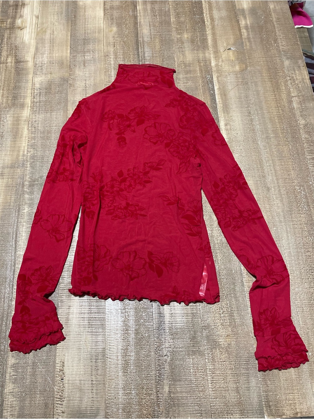 Floral Burnout Mock Neck Long Sleeve Top - Red